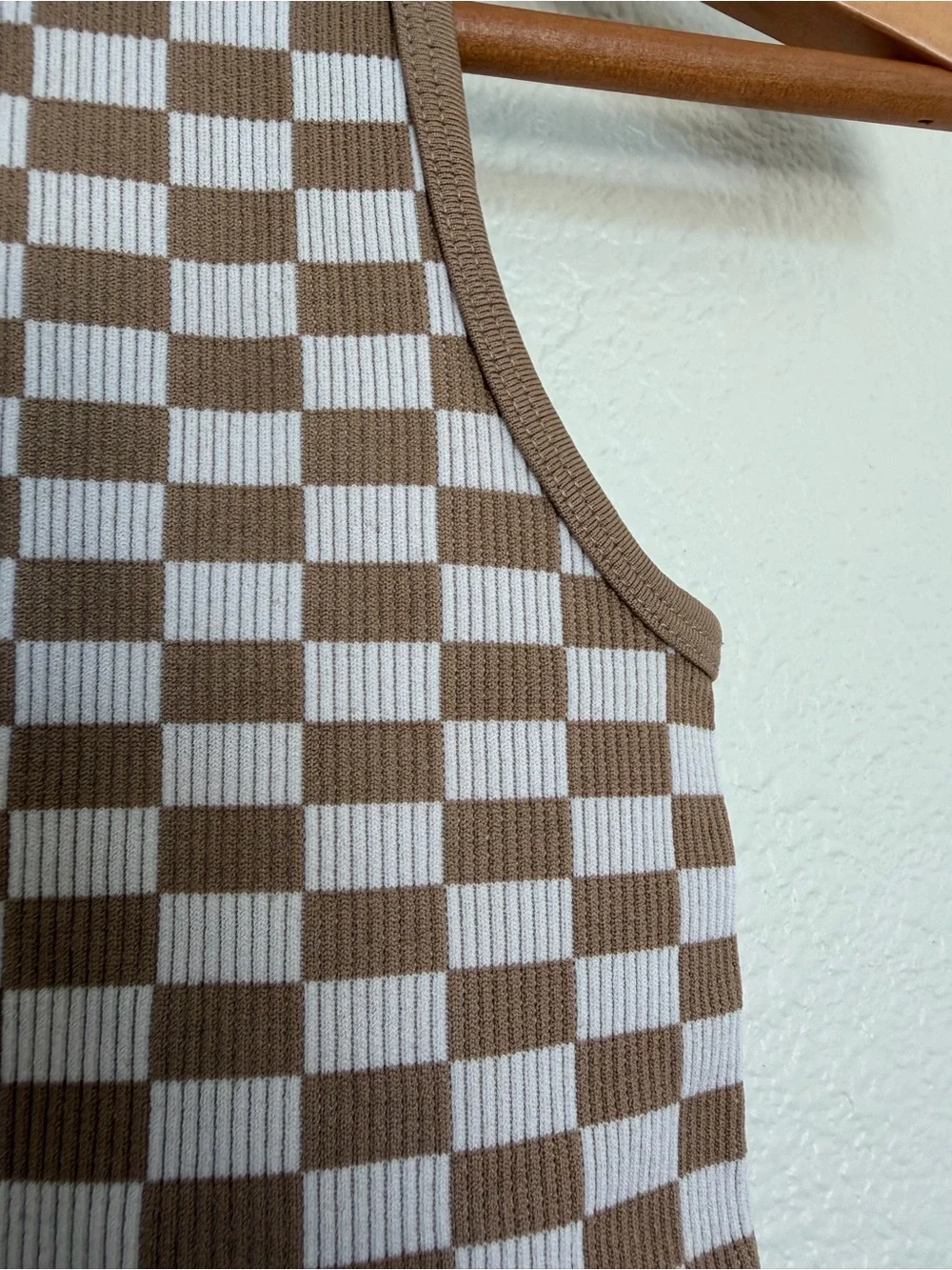 Ribbed Knit Neutral Checkered Crop Tank